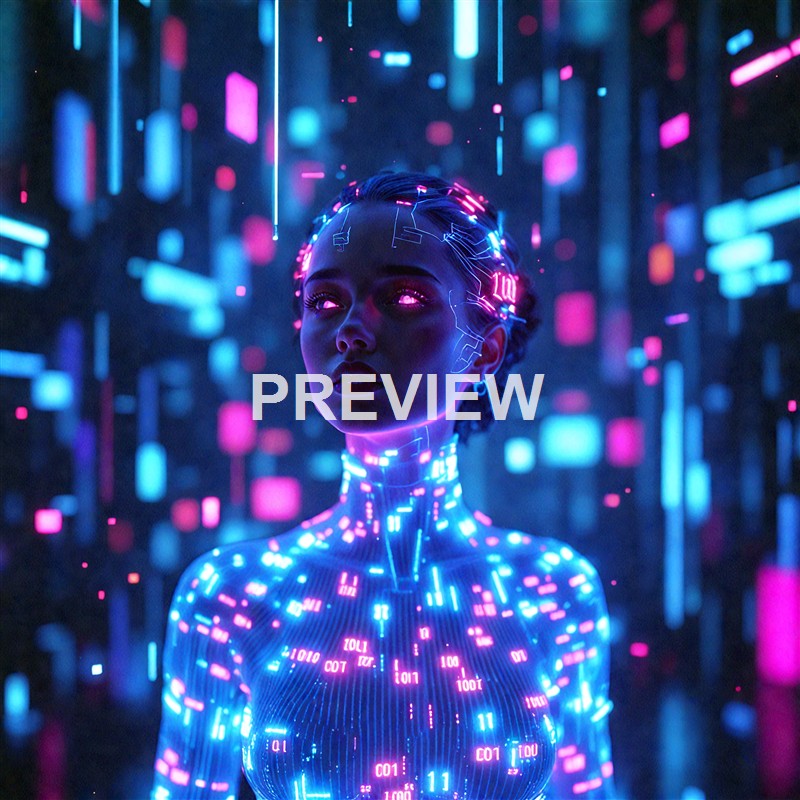 A futuristic digital portrait of a woman with glowing pink and blue circuit-like patterns on her skin, set against a background of a cityscape with neon lights.